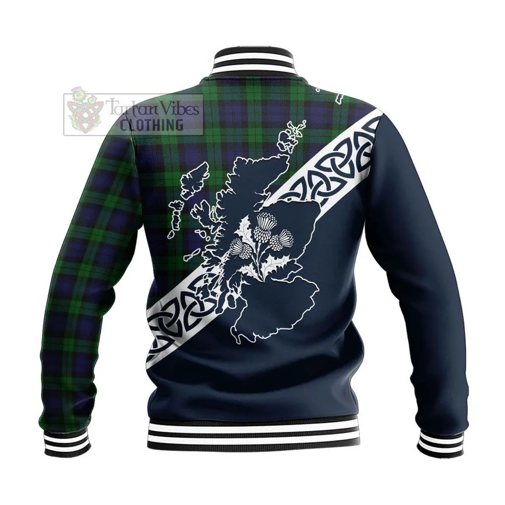 Black Watch Tartan Baseball Jacket Featuring Thistle and Scotland Map