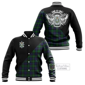 Black Watch Tartan Baseball Jacket with Family Crest and Military Logo Style