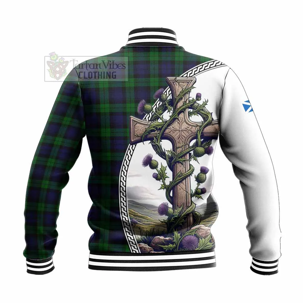 Black Watch Tartan Baseball Jacket with Family Crest and St. Andrew's Cross Accented by Thistle Vines