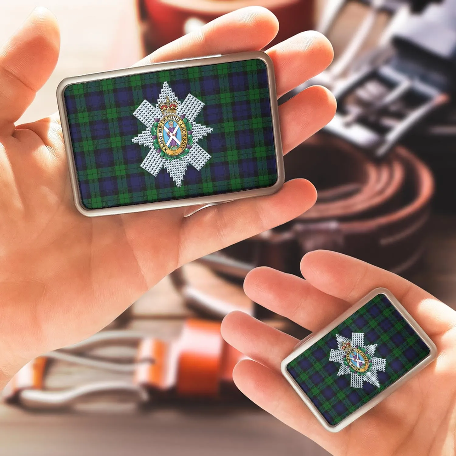 Black Watch Tartan Belt Buckles with Family Crest