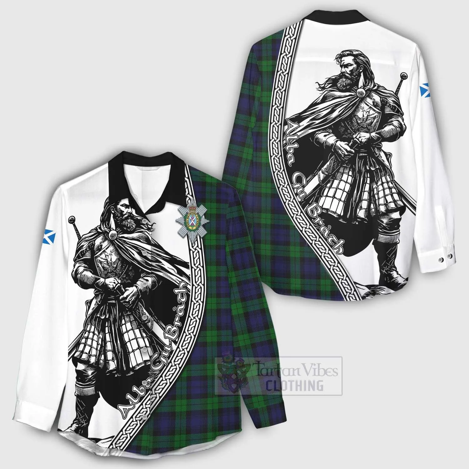 Black Watch Tartan Clan Crest Women's Casual Shirt with Highlander Warrior Celtic Style