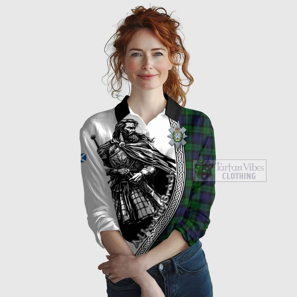 Black Watch Tartan Clan Crest Women's Casual Shirt with Highlander Warrior Celtic Style