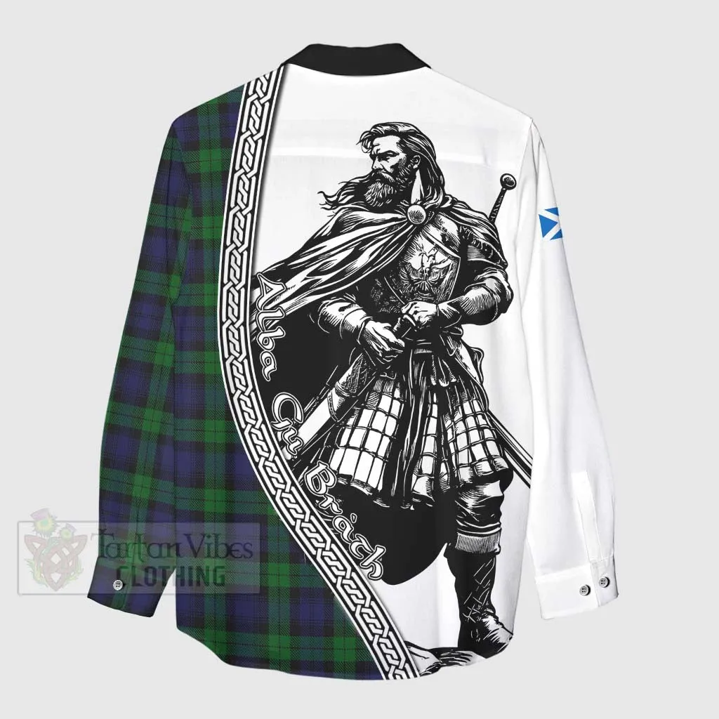 Black Watch Tartan Clan Crest Women's Casual Shirt with Highlander Warrior Celtic Style