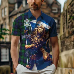 Black Watch Tartan Family Crest Short Sleeve Button Shirt with Scottish Majestic Lion