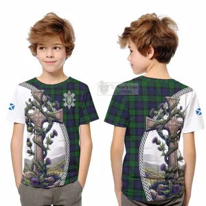 Black Watch Tartan Kid T-Shirt with Family Crest and St. Andrew's Cross Accented by Thistle Vines