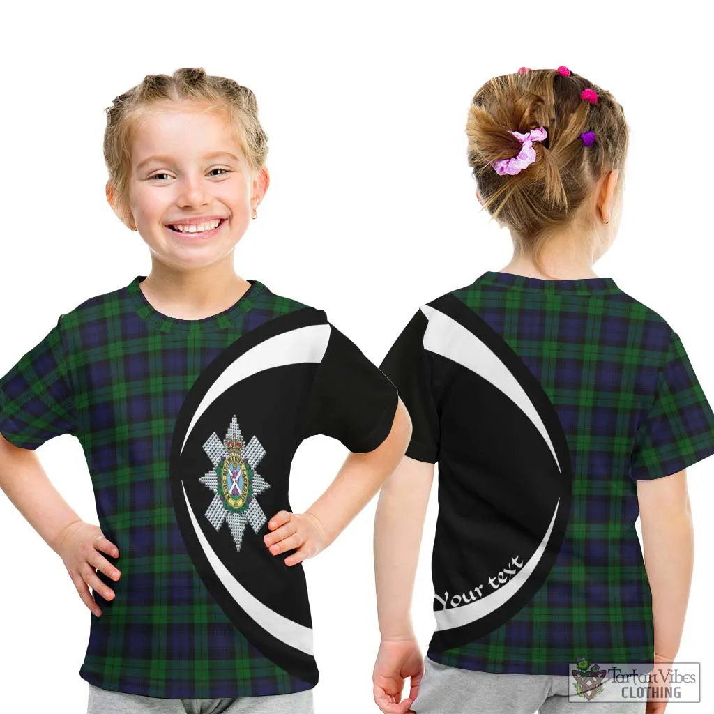 Black Watch Tartan Kid T-Shirt with Family Crest Circle Style