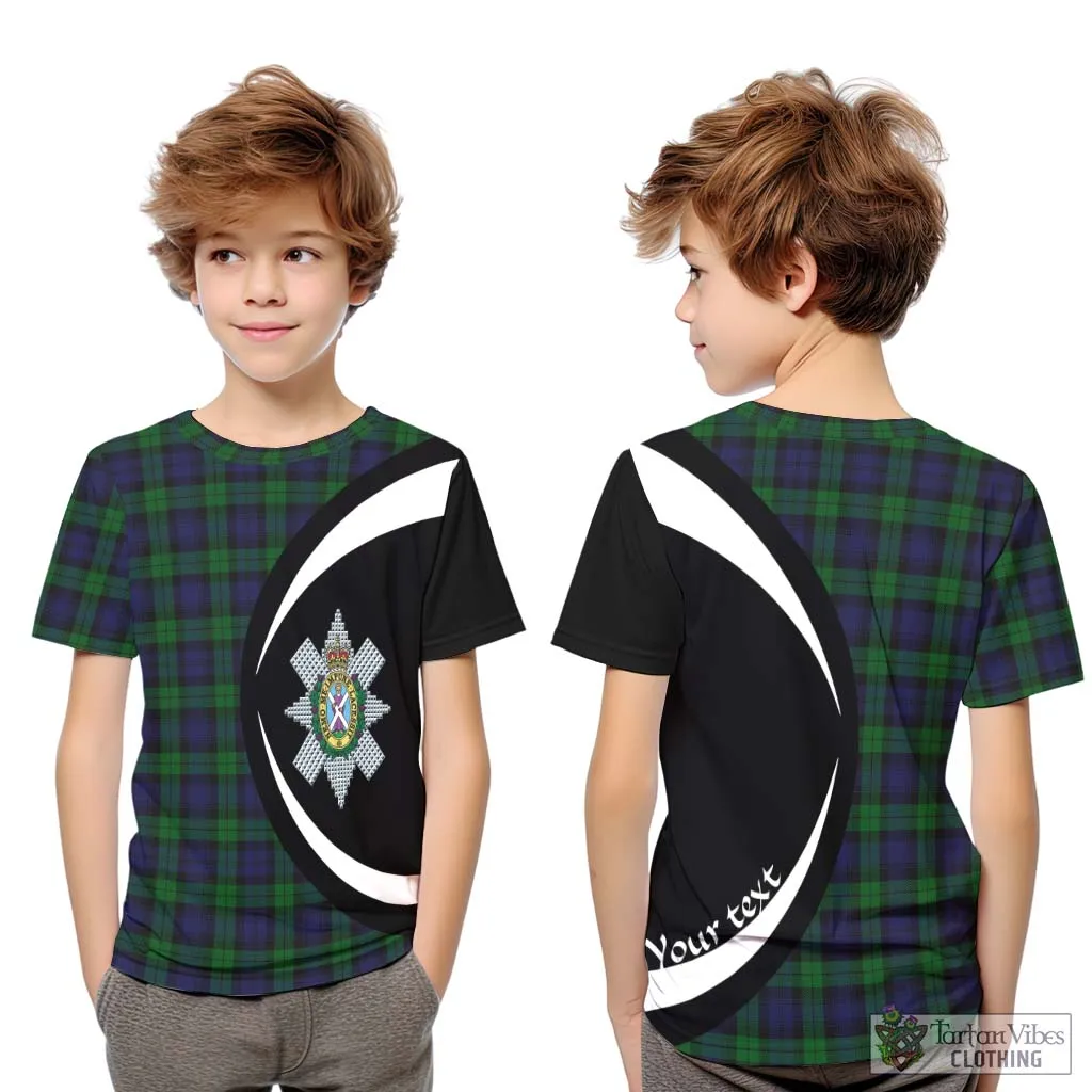 Black Watch Tartan Kid T-Shirt with Family Crest Circle Style