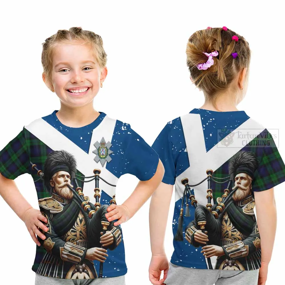 Black Watch Tartan Kid T-Shirt with Family Crest Scottish Bagpiper Vibes