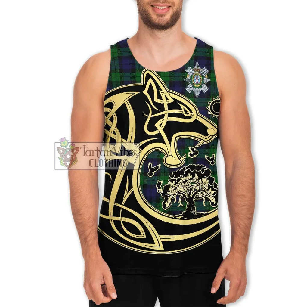 Black Watch Tartan Men's Tank Top with Family Crest Celtic Wolf Style