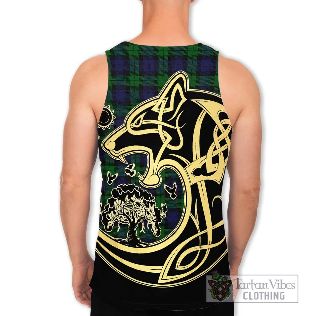 Black Watch Tartan Men's Tank Top with Family Crest Celtic Wolf Style