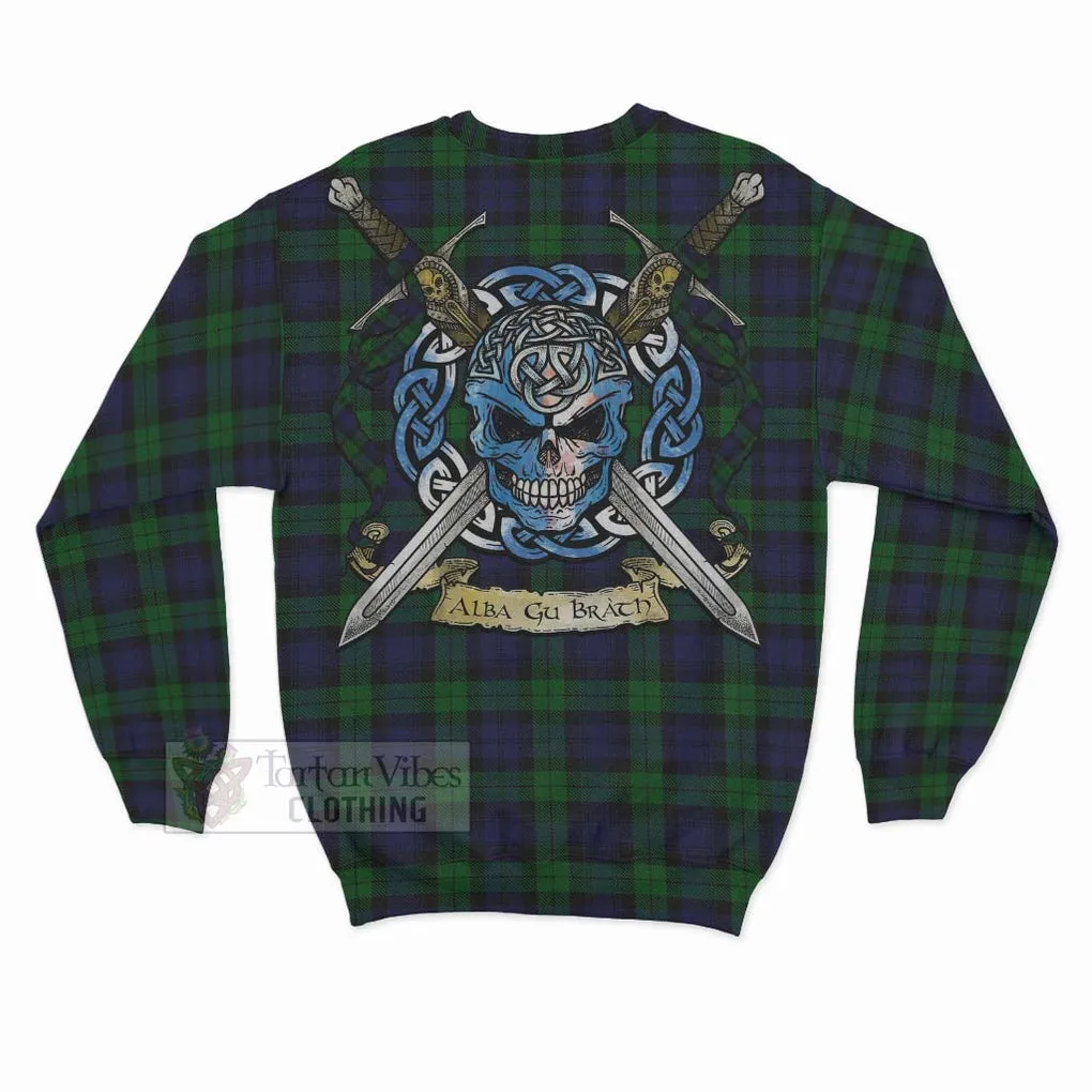 Black Watch Tartan Sweatshirt with Family Crest Celtic Skull Style