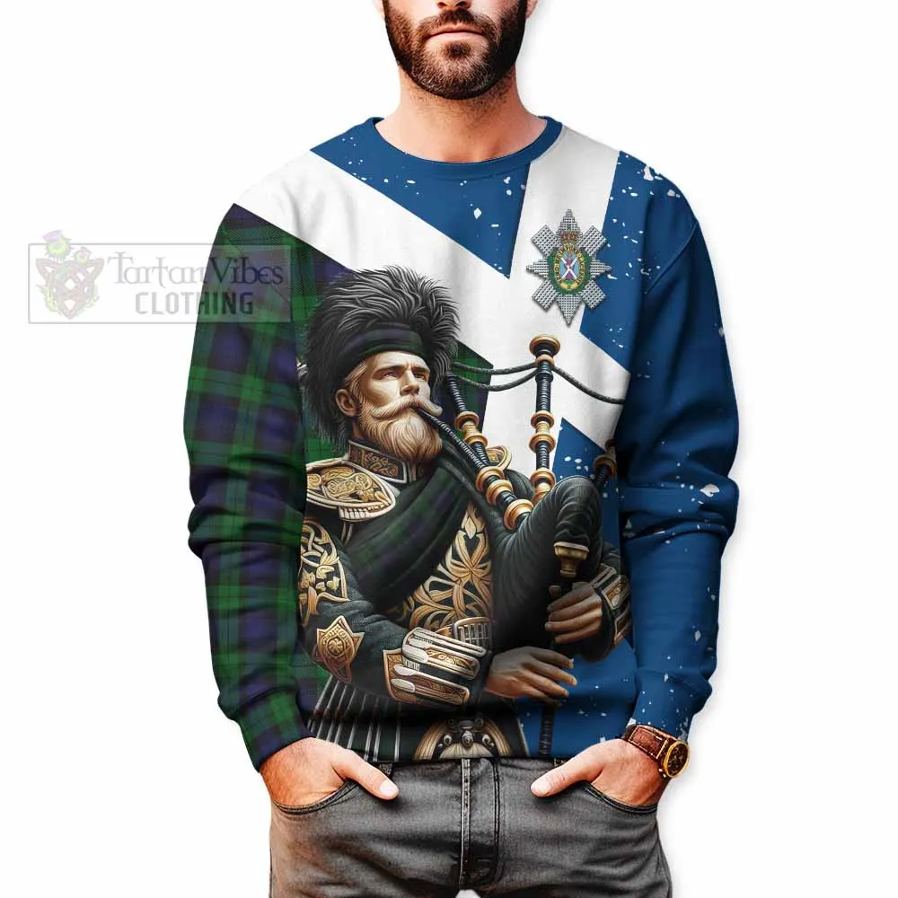 Black Watch Tartan Sweatshirt with Family Crest Scottish Bagpiper Vibes