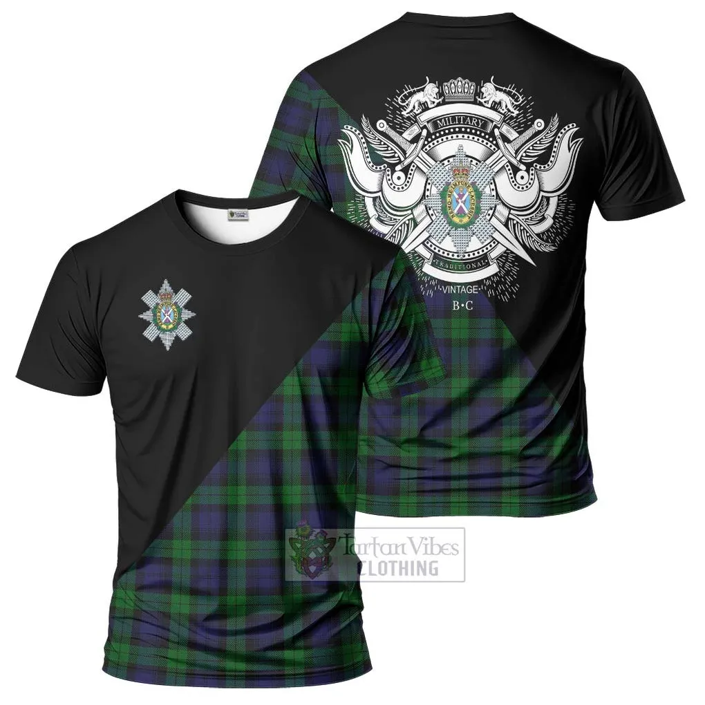 Black Watch Tartan T-Shirt with Family Crest and Military Logo Style