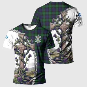 Black Watch Tartan T-Shirt with Family Crest and St. Andrew's Cross Accented by Thistle Vines