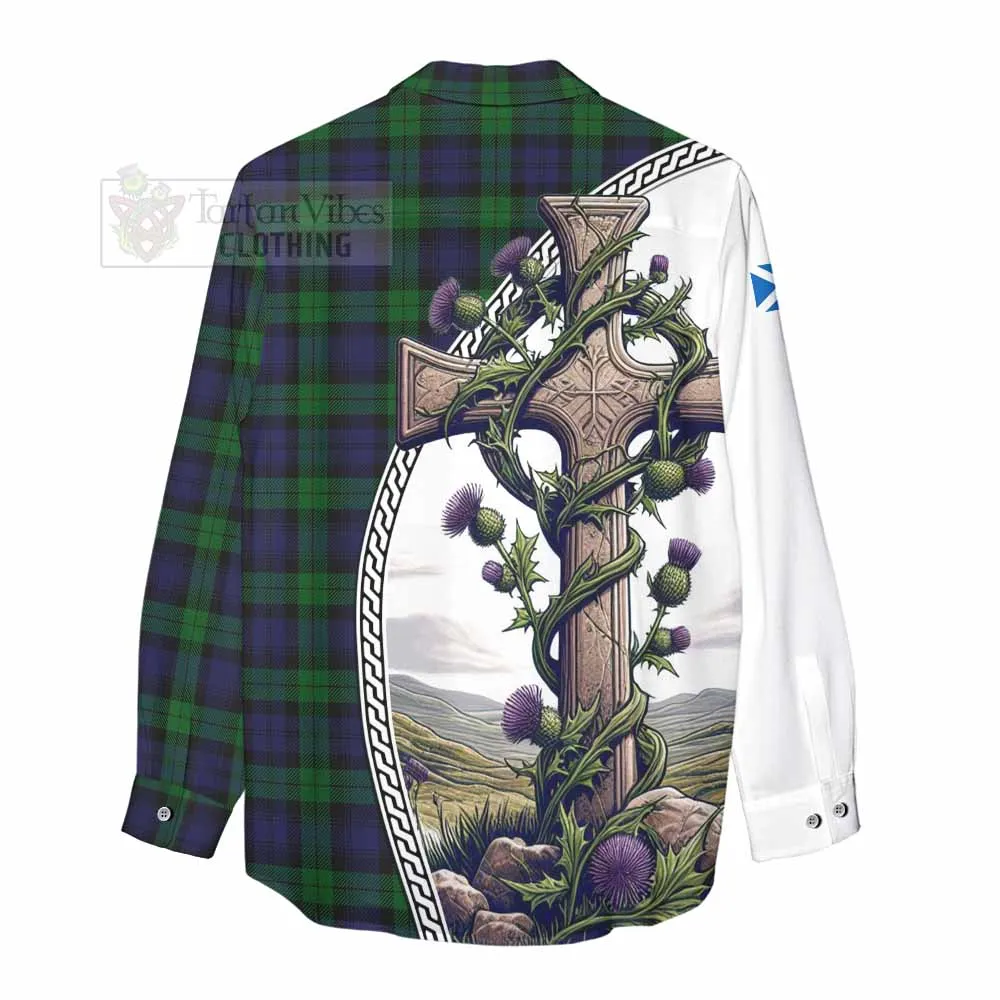 Black Watch Tartan Women's Casual Shirt with Family Crest and St. Andrew's Cross Accented by Thistle Vines