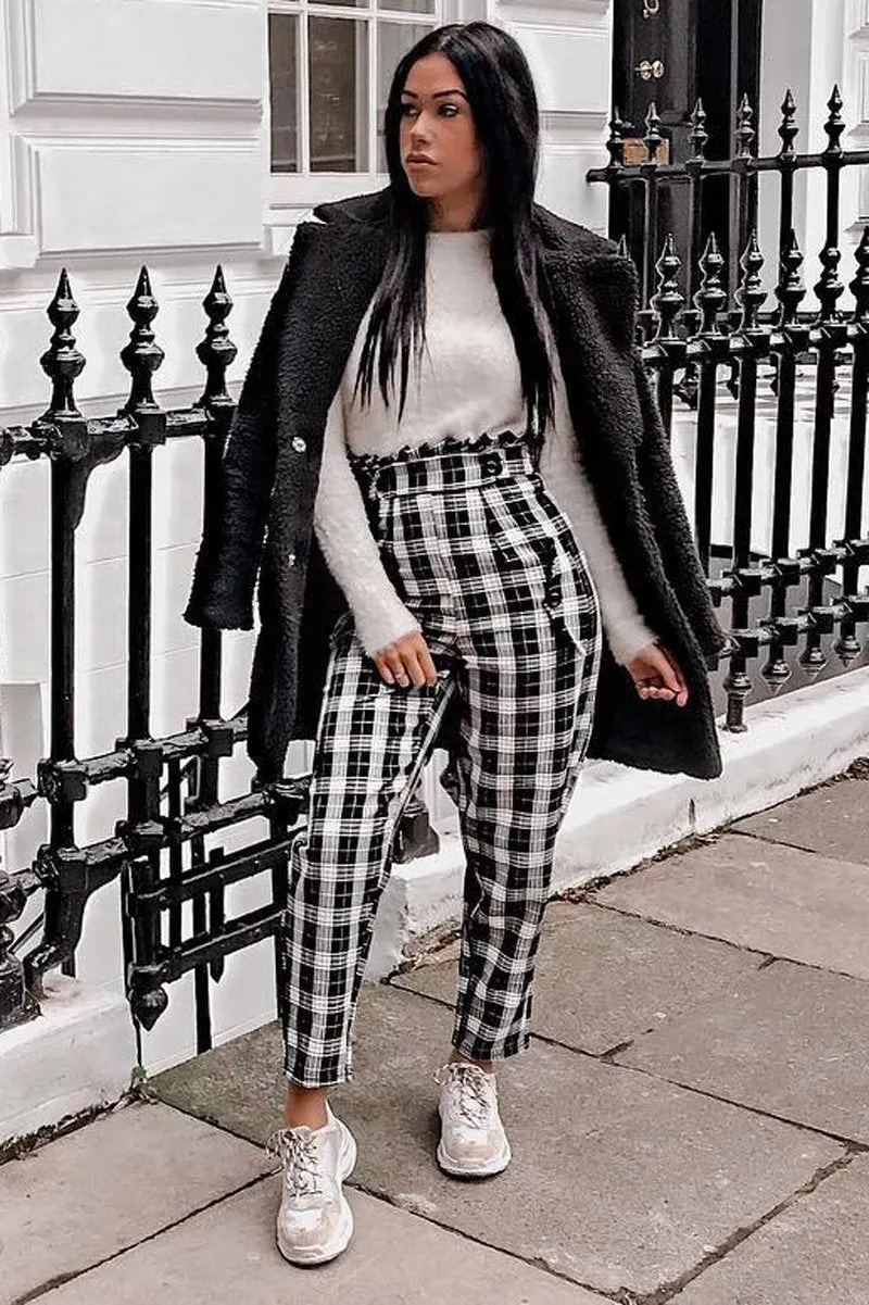 Black White Check Frill Detail Trousers - Bristal