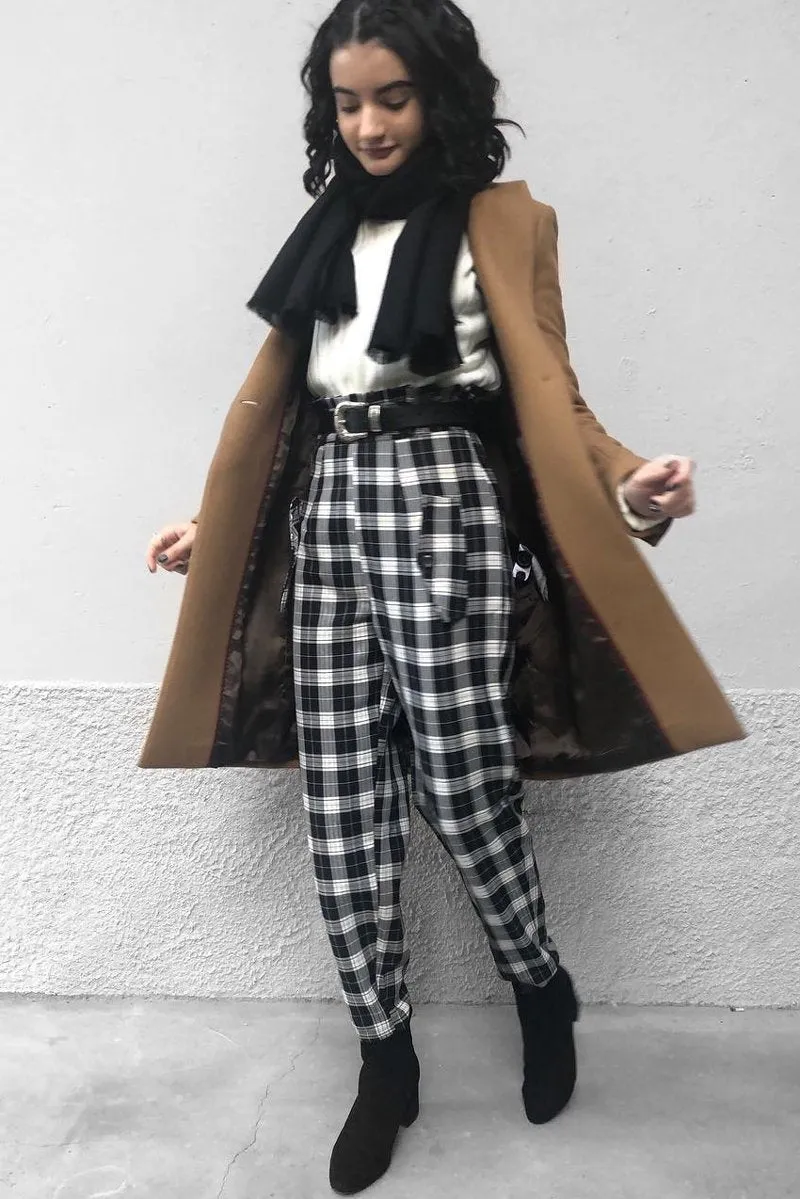 Black White Check Frill Detail Trousers - Bristal