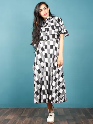 Black White Grey Double Ikat Handwoven Dress With Kimono Sleeves And Side Pockets -  D236F928