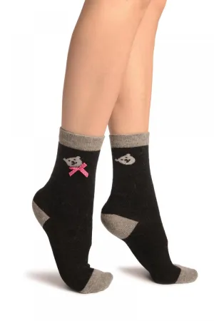 Black With Cute Bear & Satin Bow Angora Ankle High Socks