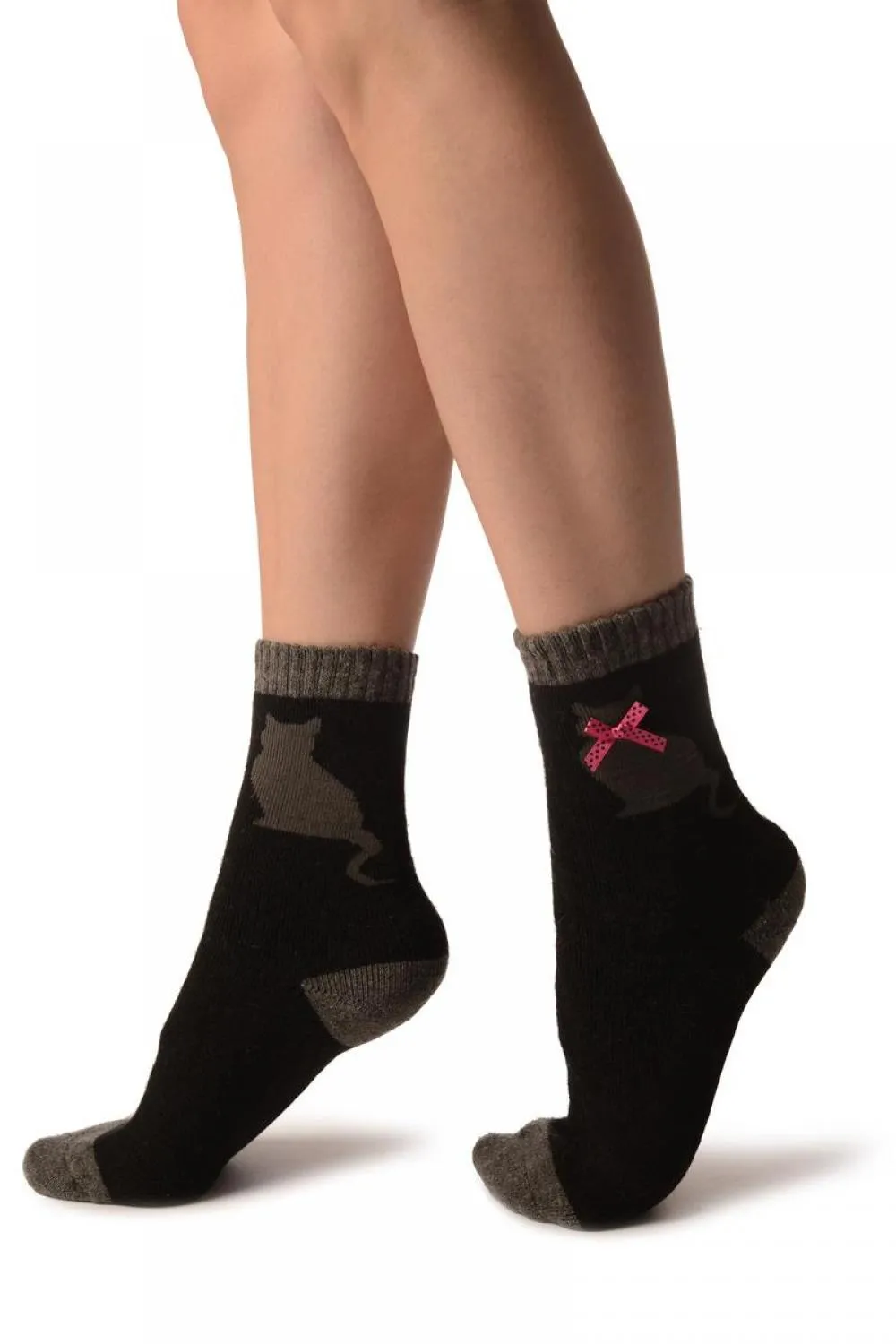 Black With Cute Cat & Satin Bow Angora Ankle High Socks