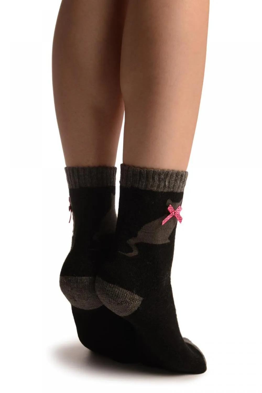 Black With Cute Cat & Satin Bow Angora Ankle High Socks