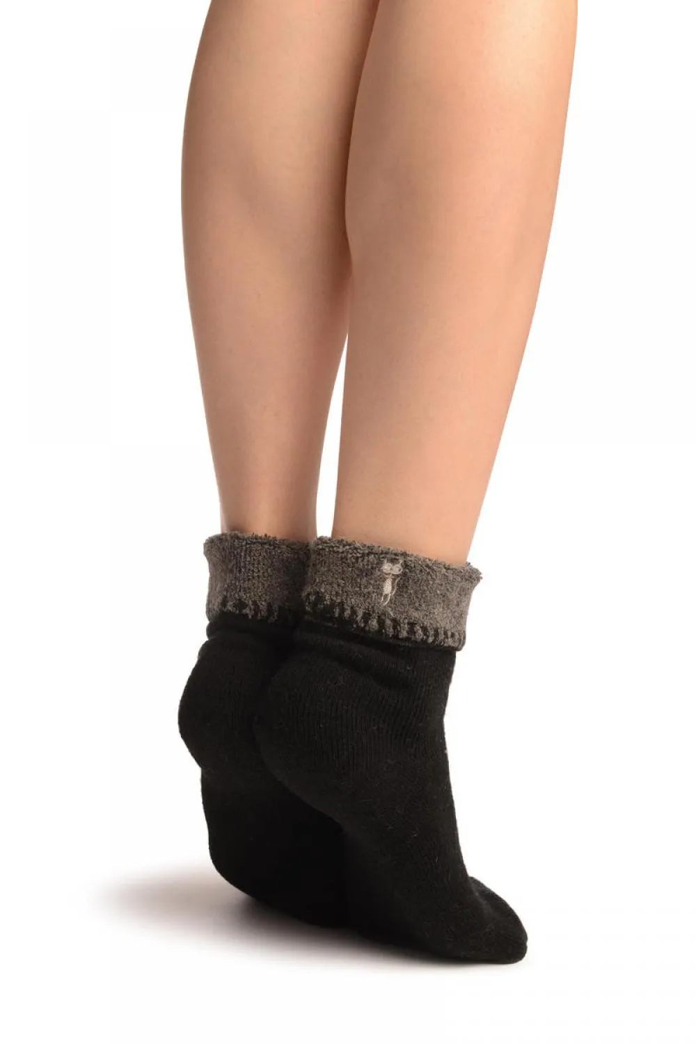 Black With Cute Cat Flip Top Angora Ankle High Socks