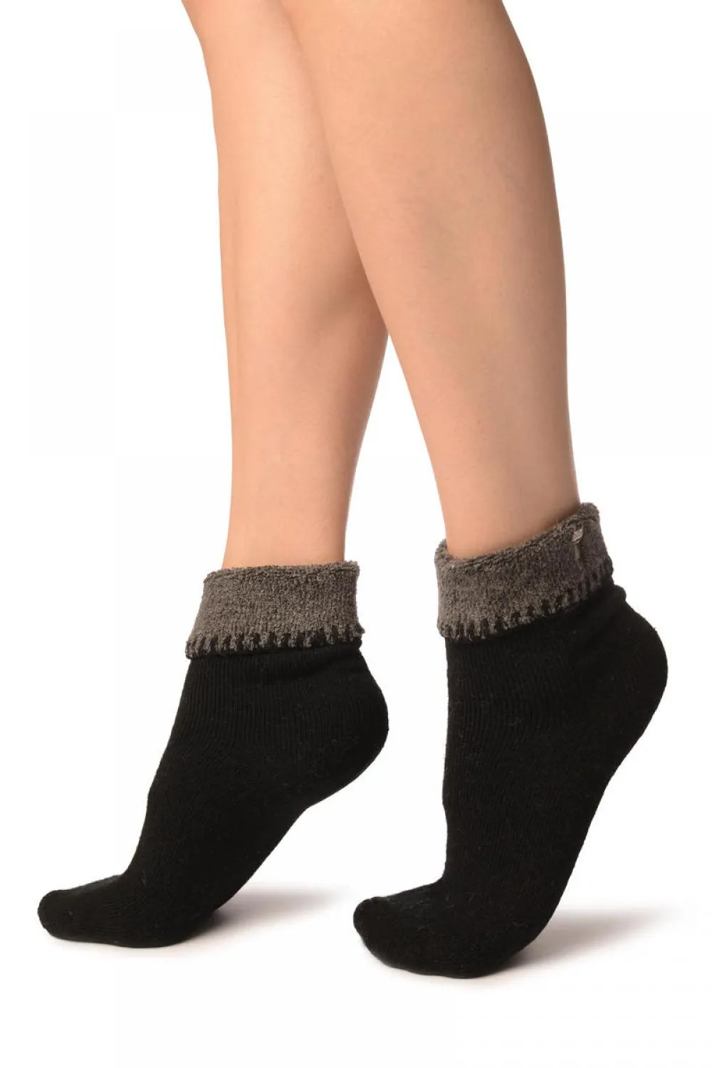 Black With Cute Cat Flip Top Angora Ankle High Socks