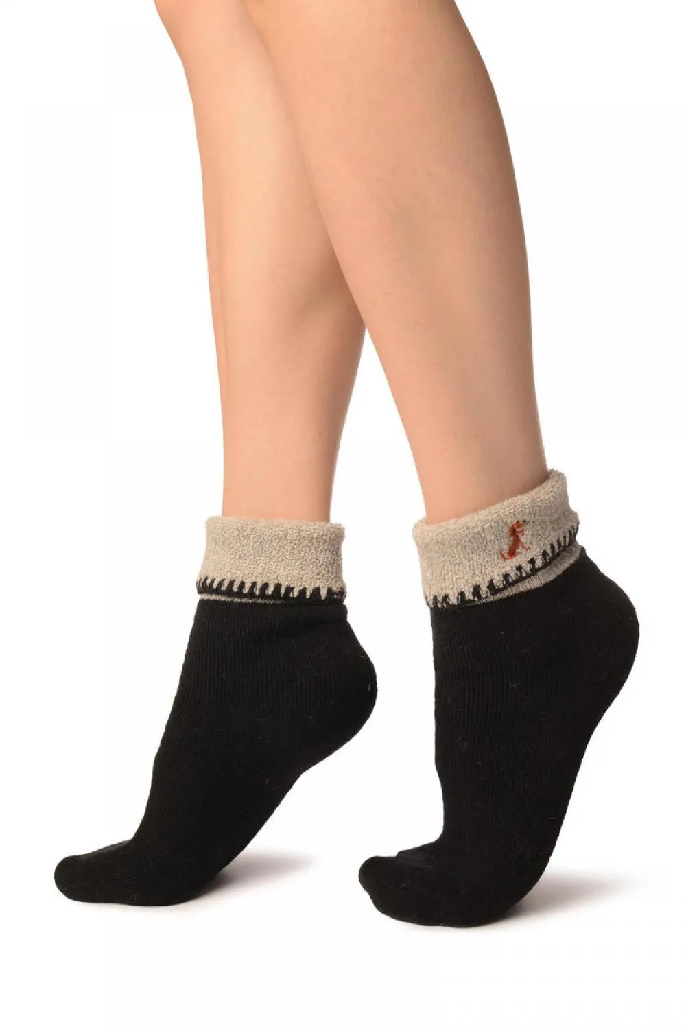 Black With Cute Dog Flip Top Angora Ankle High Socks