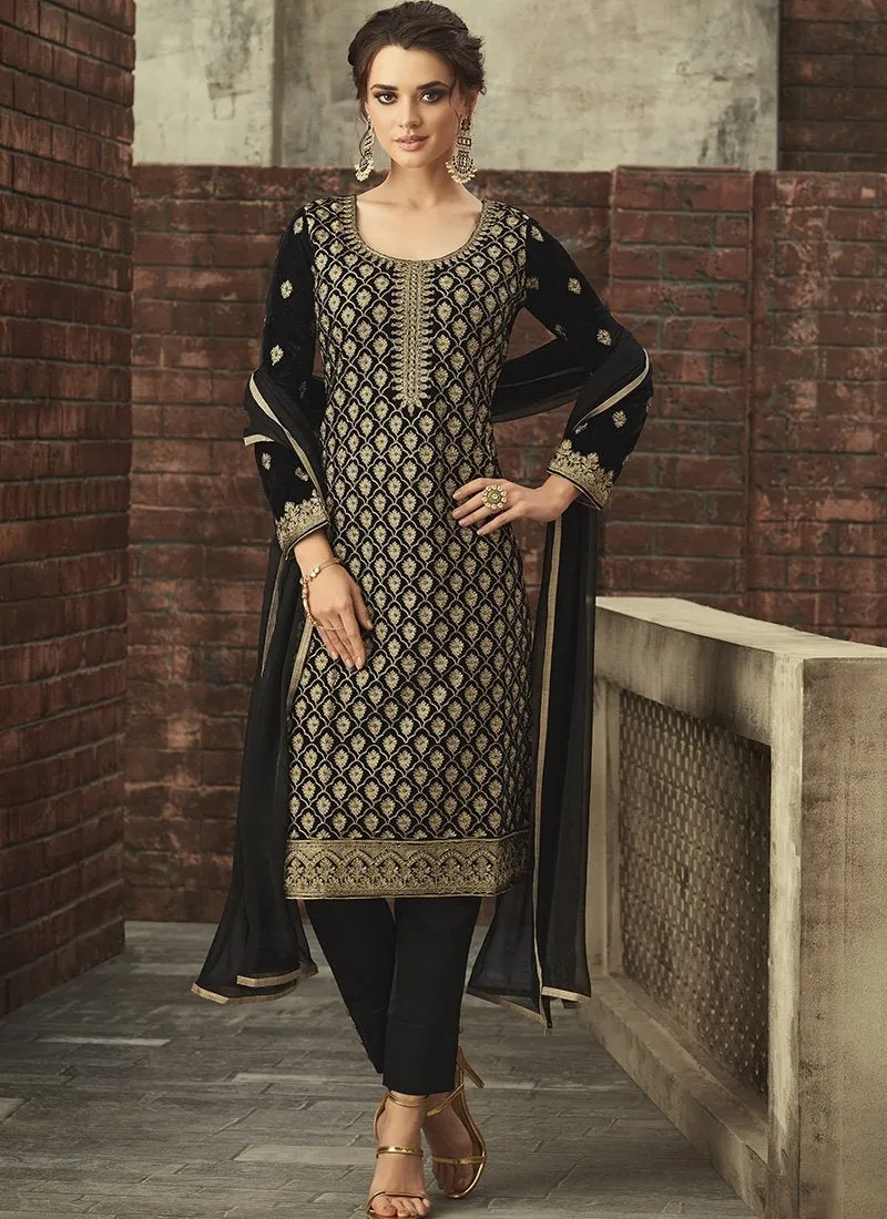 Black With Gold Ethnic Embroidered Pant Suit