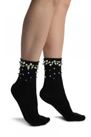 Black With Pearls and Silver Beads Ankle High Socks