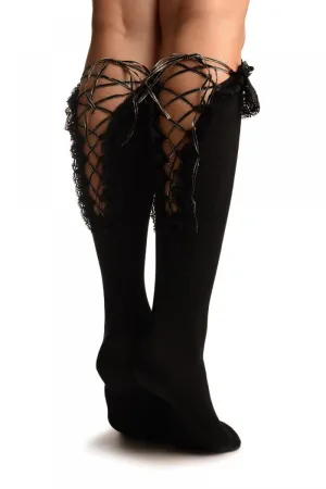 Black With Silver Ribbon Lace Up & Lace Top Knee High Socks