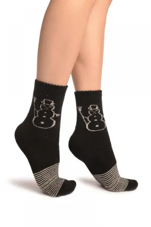 Black With Thing Stripes & Snowman Angora Ankle High Socks