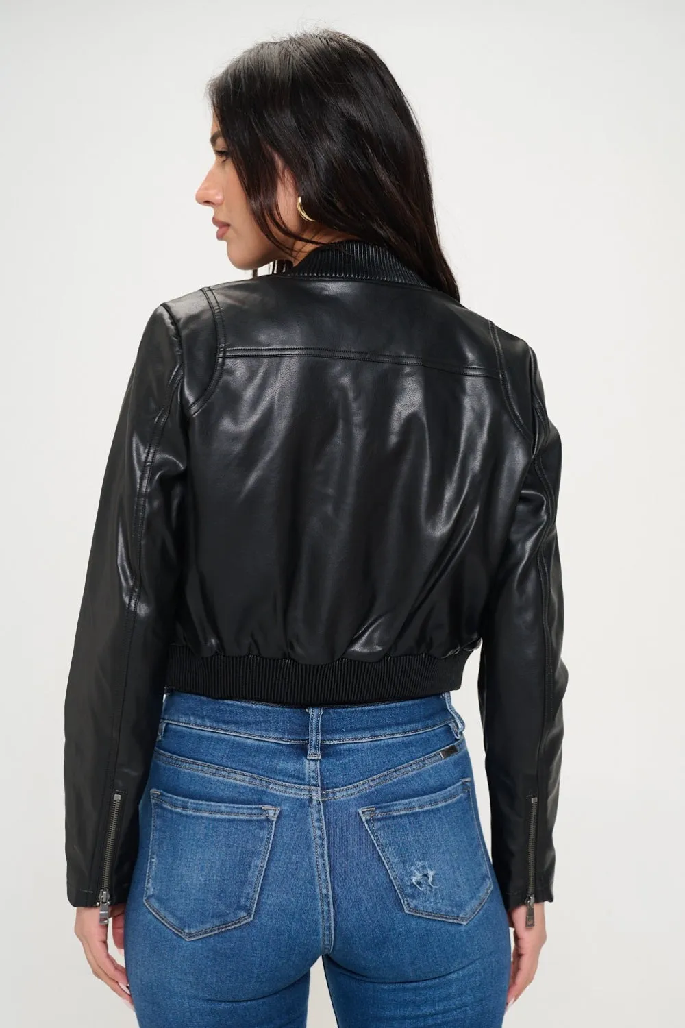 Black Women's Vegan Leather Zip Up Cropped Bomber Jacket KESLEY