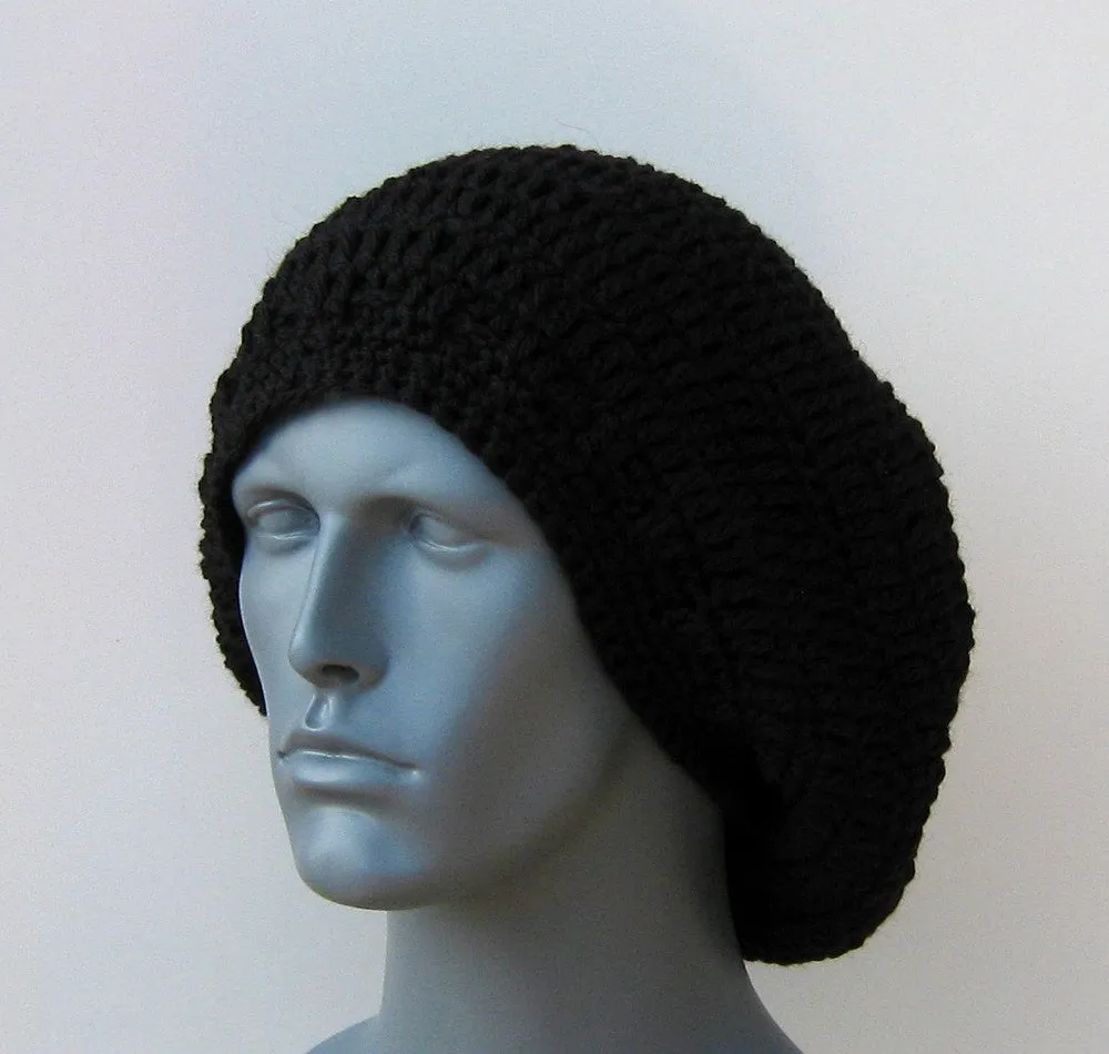 Black WOOL Tam Hat Hippie Slouchy Beanie dread beret men women