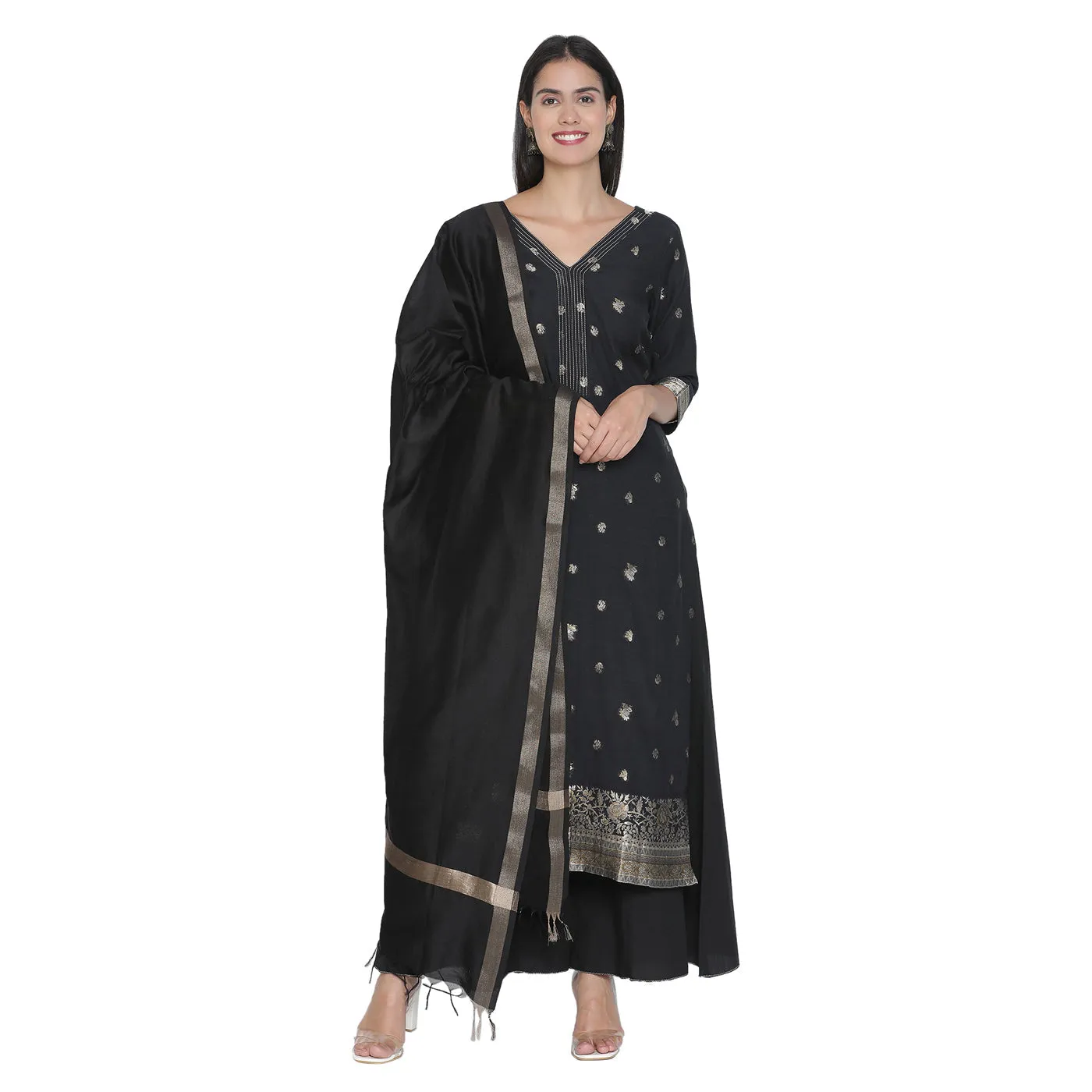 Black Woven Design Unstitched Suit Co-ords Set