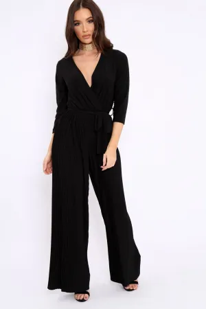 Black Wrap Front Plisse Leg Jumpsuit - Haiden