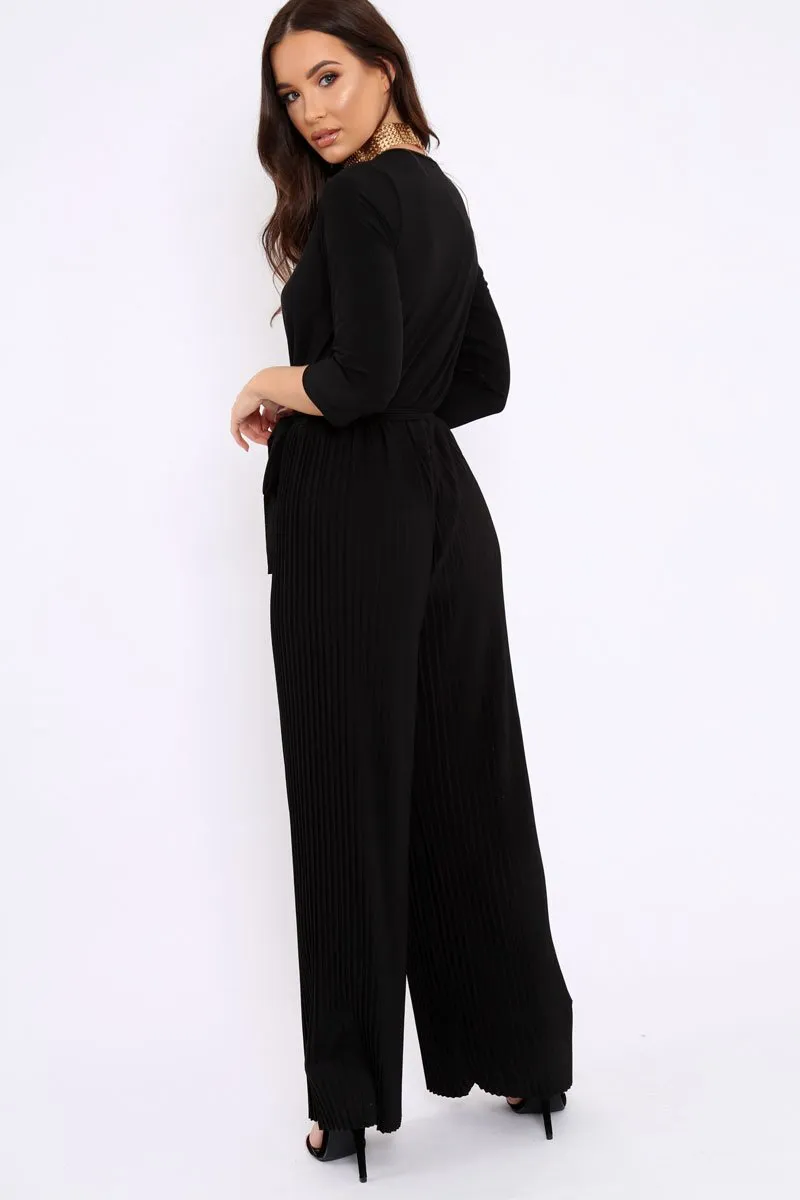 Black Wrap Front Plisse Leg Jumpsuit - Haiden