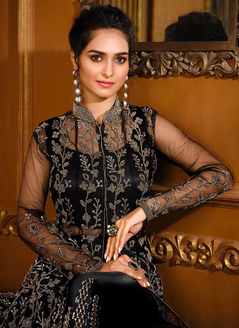 Black Zari Embroidered Slit Style Anarkali Pant Suit