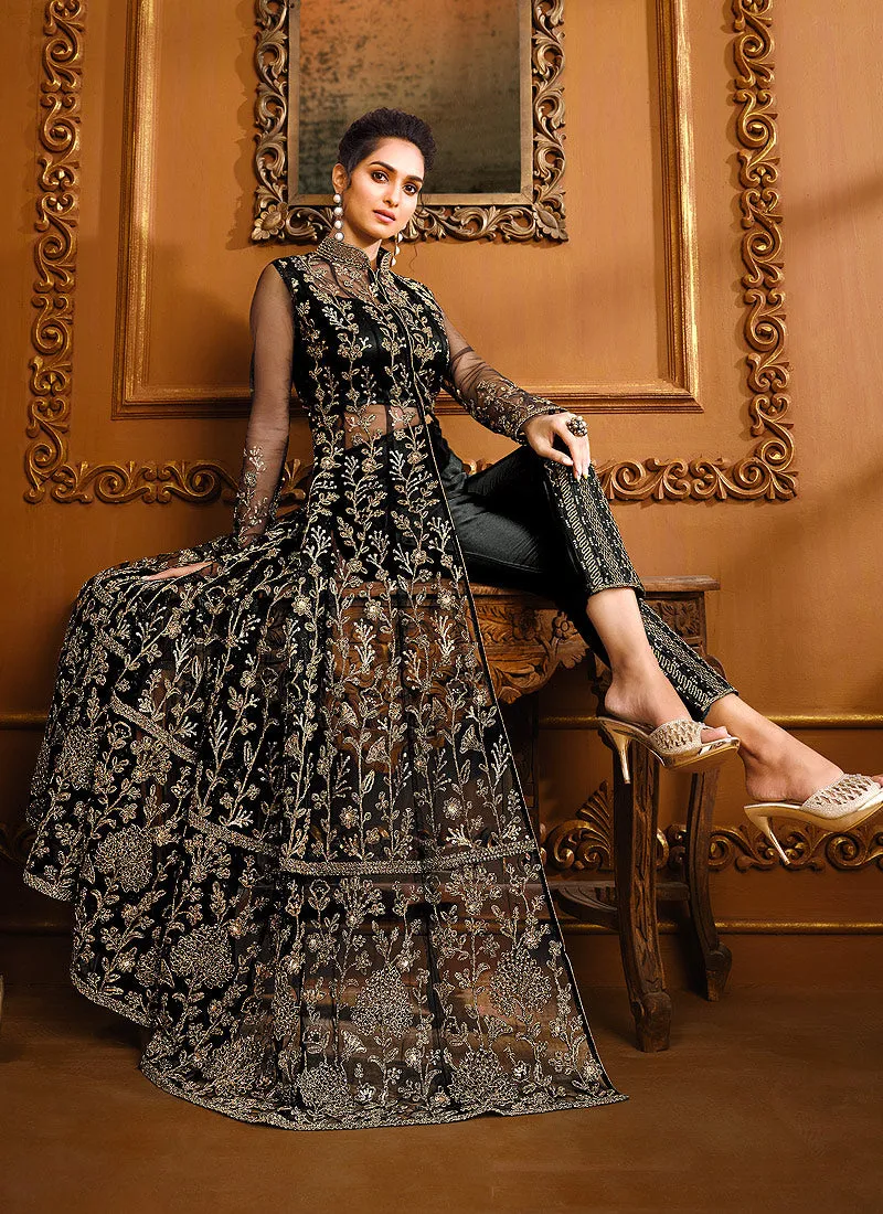 Black Zari Embroidered Slit Style Anarkali Pant Suit