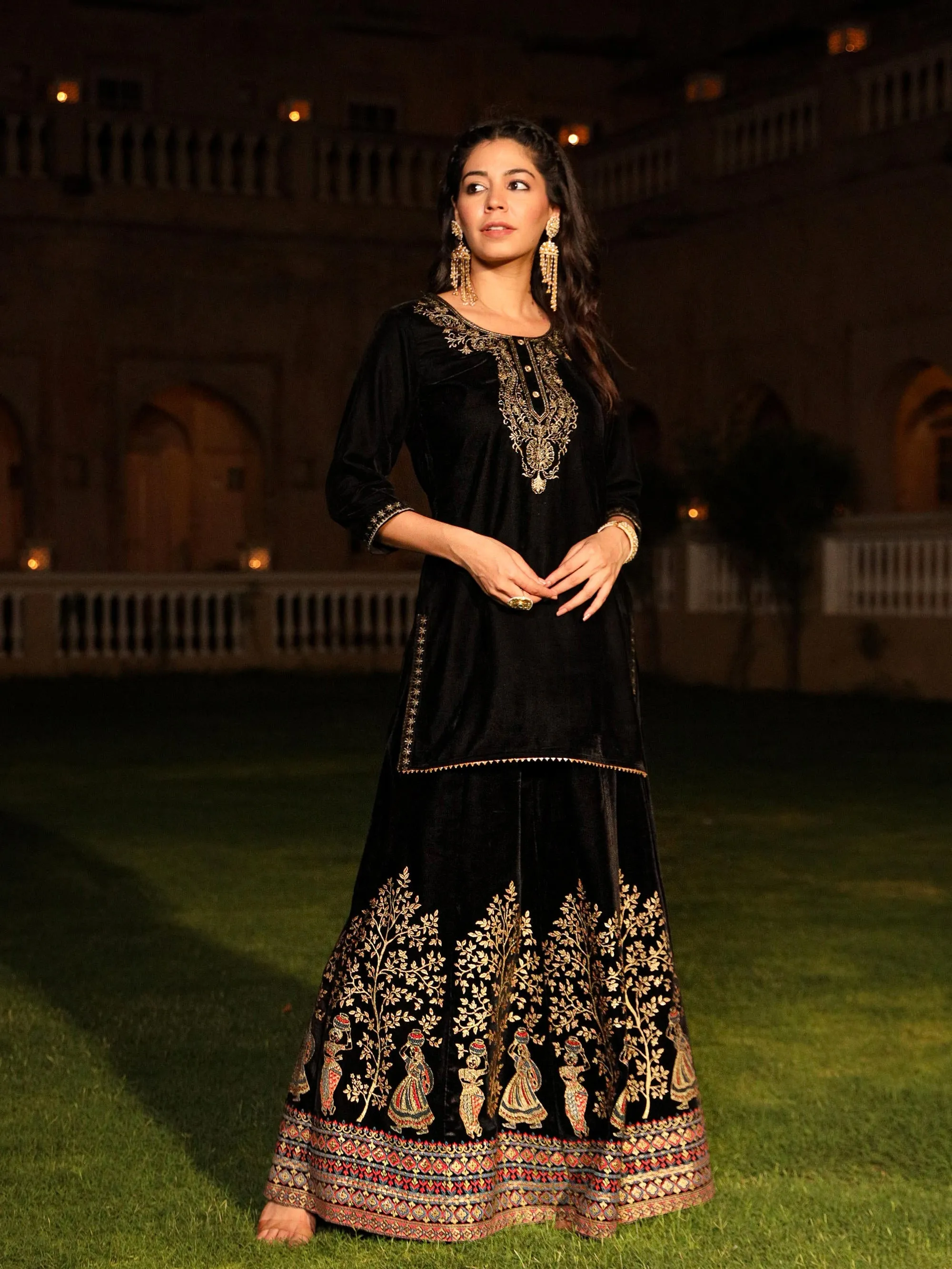 Black Zari Embroidered Velvet Top & Skirt Set With Sequins & Buttons