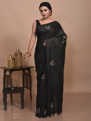 Black Zari Striped Linen Saree with Floral Hand Embroidery