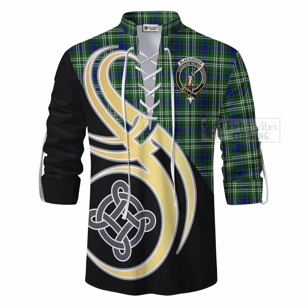 Blackadder Tartan Ghillie Kilt Shirt with Family Crest and Celtic Symbol Style