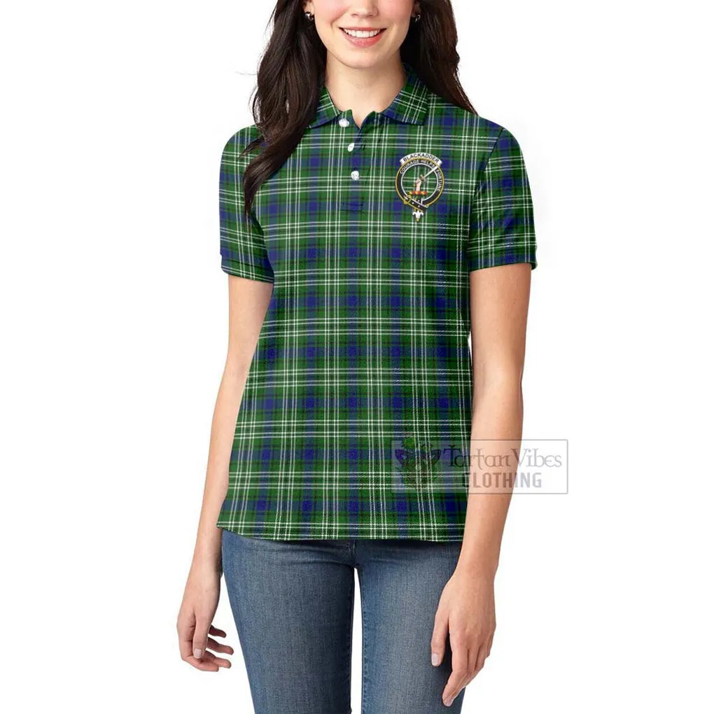 Blackadder Tartan Women's Polo Shirt with Family Crest and Bearded Skull Holding Bottles of Whiskey