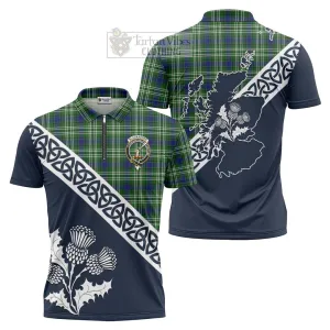 Blackadder Tartan Zipper Polo Shirt Featuring Thistle and Scotland Map