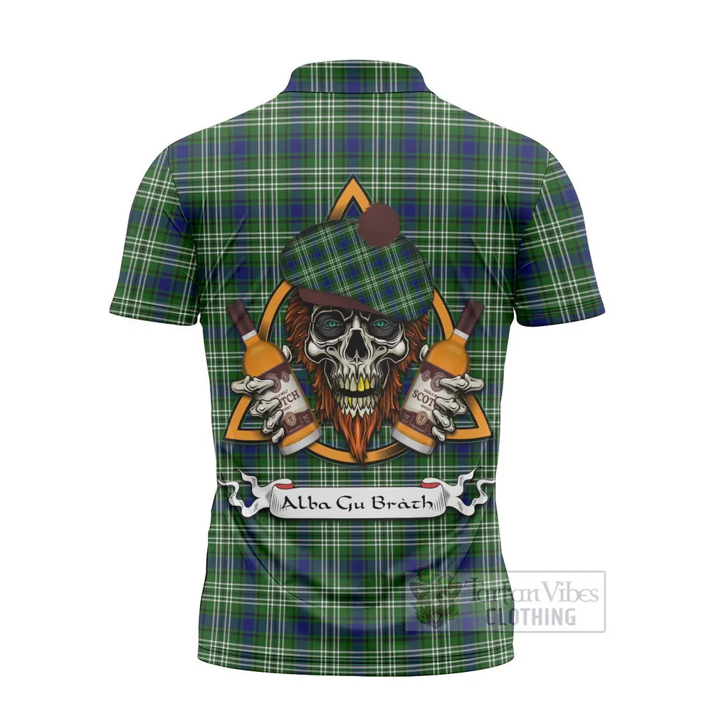 Blackadder Tartan Zipper Polo Shirt with Family Crest and Bearded Skull Holding Bottles of Whiskey