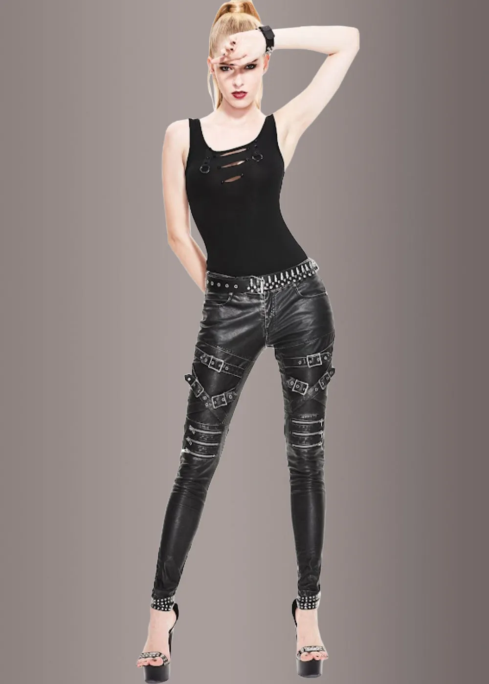 Blackend Faux Leather Pants with Zippers and Buckles