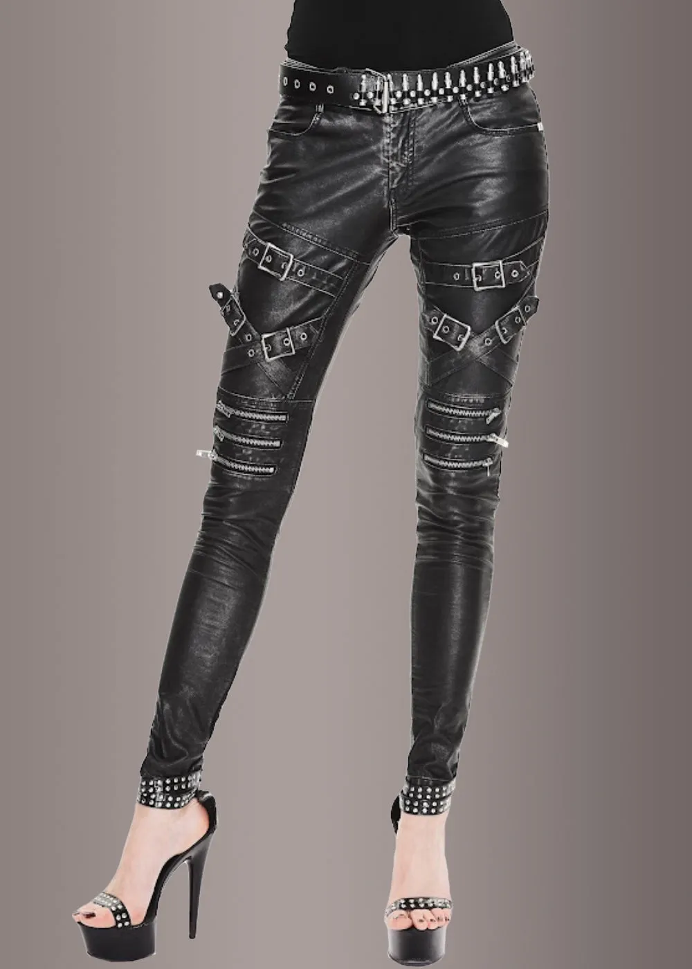 Blackend Faux Leather Pants with Zippers and Buckles