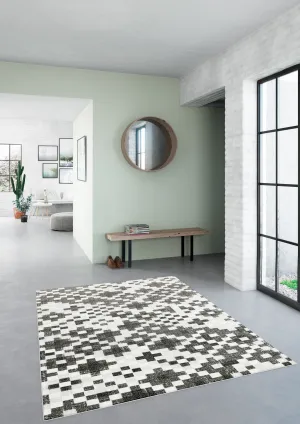 Black/Grey Fractals Vintage Geometric Check Pattern Area Rug (Black/Silver Grey/Cream, 120x170cm)