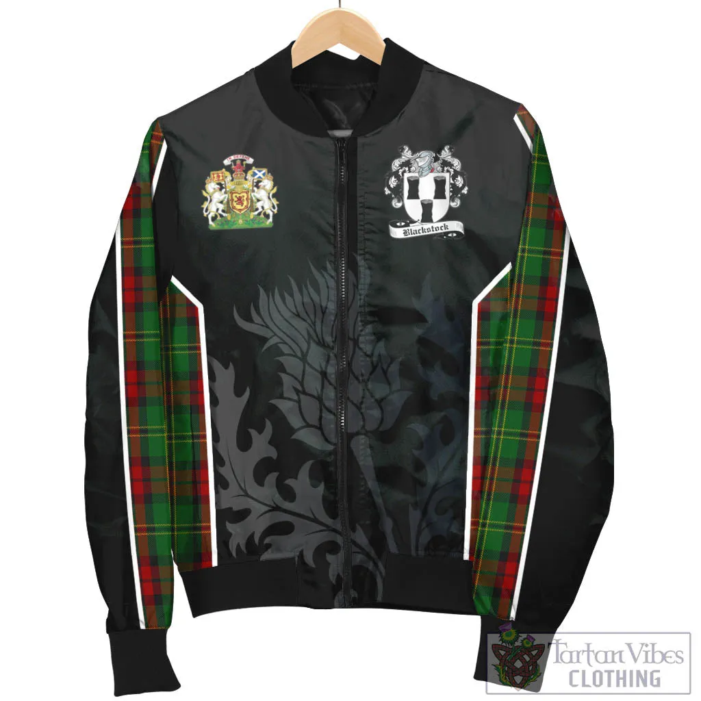 Blackstock Hunting Tartan Bomber Jacket with Family Crest and Scottish Thistle Vibes Sport Style