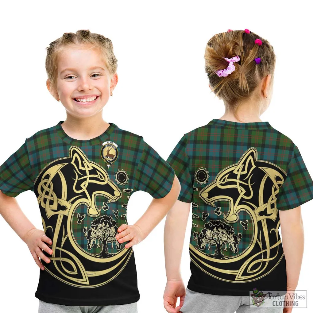 Blair Ancient Tartan Kid T-Shirt with Family Crest Celtic Wolf Style